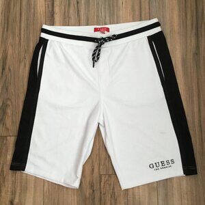 GUESS Men's Sport Relaxed Fit Shorts Elastic Waist Striped Logo Athletic White M